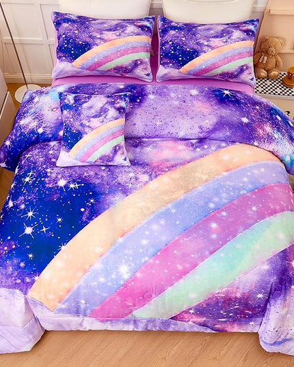 6Pcs Purple Rainbow Twin Size Bedding Set for Girls Gradient Glitter Kids Comforter Sets Tie Dye Girls Bed Set Sparkle Galaxy Bed in A Bag with Sheets - LeafyLoom