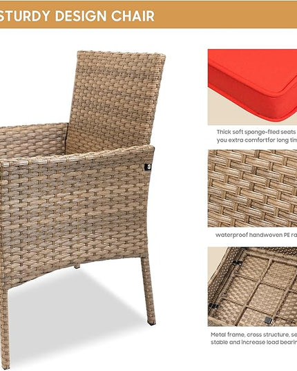 YIYAN 3 Pieces Patio Bistro Set Outdoor Wicker Furniture Outdoor Porch PE Rattan Wicker Chairs Furniture Sets with Sofa Chairs,Glass Coffee Table and Red Washable Cushion - LeafyLoom