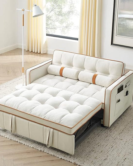 3 in 1 Tufted Sleeper Sofa Cylindrical Pillows,Modern Convertible Loveseat Sofá W Pull Out Sleep Couch Bed and Side Pockets,Velvet Upholstered Love Seat Sofabed for Living Room, 55.5", Beige1 - LeafyLoom
