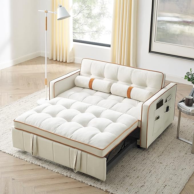 3 in 1 Tufted Sleeper Sofa Cylindrical Pillows,Modern Convertible Loveseat Sofá W Pull Out Sleep Couch Bed and Side Pockets,Velvet Upholstered Love Seat Sofabed for Living Room, 55.5", Beige1 - LeafyLoom
