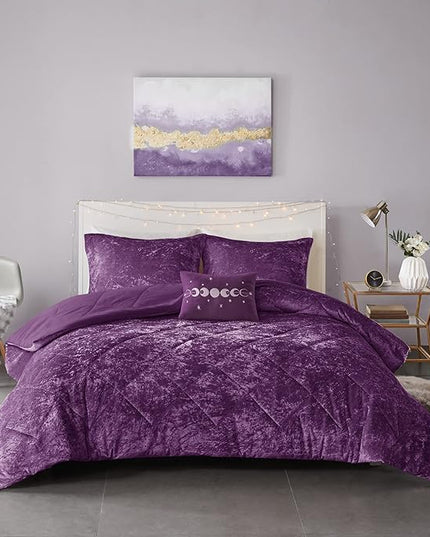 Intelligent Design Queen Comforter Set, Velvet Comforter Set , Luxury Diamond Quilting Comforter Set, Fluffy Comforter Bed Set with Decorative Pillowand 2 Shams, 4 Piece Purple, Full/Queen - LeafyLoom