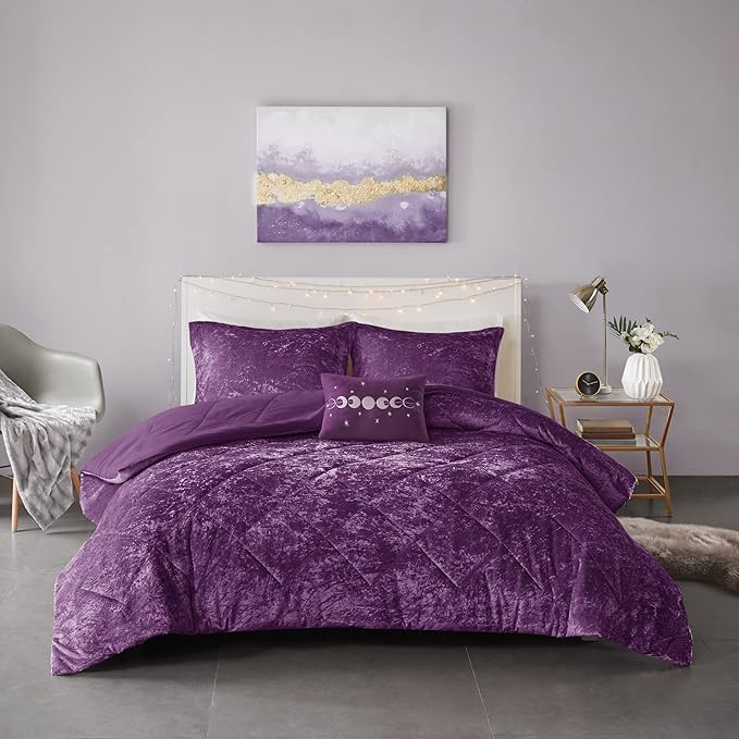 Intelligent Design Queen Comforter Set, Velvet Comforter Set , Luxury Diamond Quilting Comforter Set, Fluffy Comforter Bed Set with Decorative Pillowand 2 Shams, 4 Piece Purple, Full/Queen - LeafyLoom