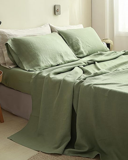 Simple&Opulence 100% Linen Sheet Set Solid Color-4 Pcs Washed French Linen Bed Sheets(1 Flat Sheet,1 Fitted Sheet,2 Pillowcases)-Breathable Bedding Set(California King, Sage Green) - LeafyLoom