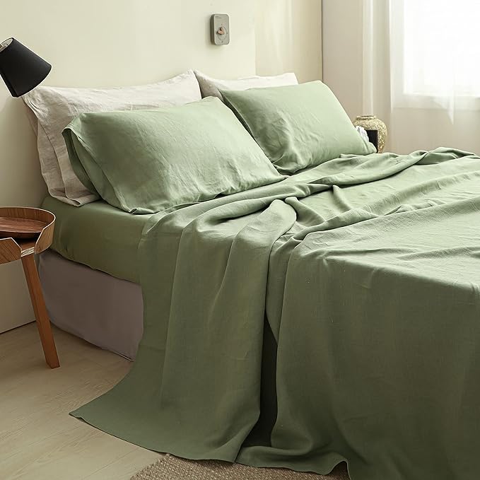 Simple&Opulence 100% Linen Sheet Set Solid Color-4 Pcs Washed French Linen Bed Sheets(1 Flat Sheet,1 Fitted Sheet,2 Pillowcases)-Breathable Bedding Set(California King, Sage Green) - LeafyLoom