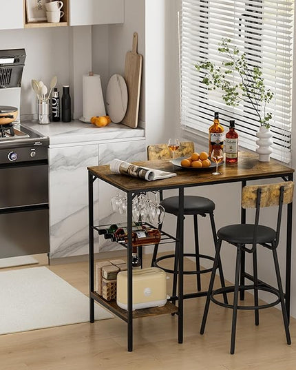 Bar Height Table and Chairs for 2, Compact Dining Table with 2 Tiers Storage Rack, Wine Rack and 2 PU Leather Upholstered Seat Stools, for Kitchen Breakfast, Small Space, Rustic Brown - LeafyLoom