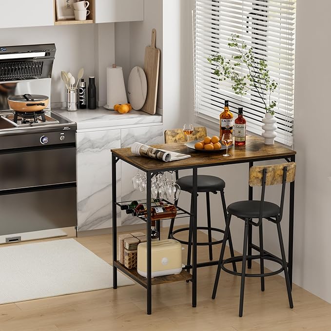 Bar Height Table and Chairs for 2, Compact Dining Table with 2 Tiers Storage Rack, Wine Rack and 2 PU Leather Upholstered Seat Stools, for Kitchen Breakfast, Small Space, Rustic Brown - LeafyLoom