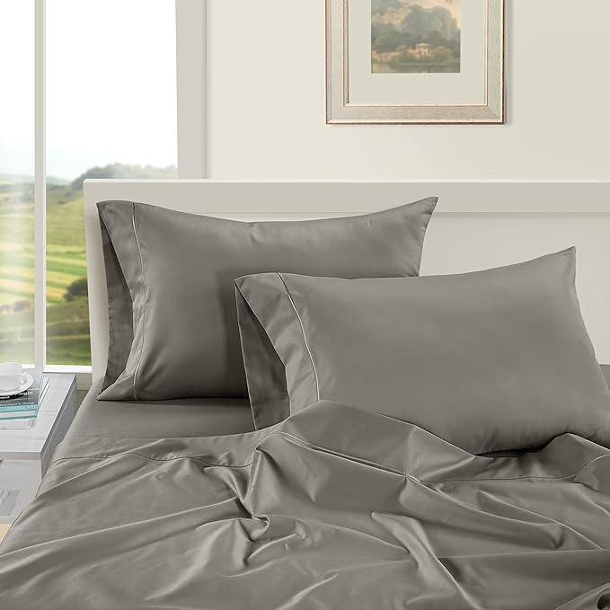LANE LINEN 100% Egyptian Cotton Bed Sheets - 1000 Thread Count 4-Piece Charcoal Calking Set Bedding Sateen Weave Luxury Hotel 16" Deep Pocket (Fits Upto 17" Mattress) - LeafyLoom
