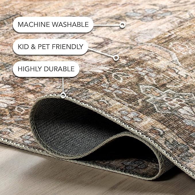 nuLOOM Devin Machine Washable Vintage Medallion Ultra Thin Area Rug, 4' x 6', Light Brown - LeafyLoom