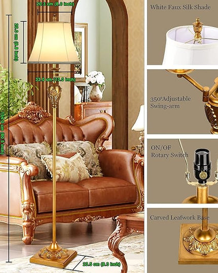 AIDENOEY Traditional LED Floor Lamp with 350° Adjustable – Vintage Pole lamp Swing arm for Living Room, Bedroom and Office – Rustic Upright Floor Light for Home Décor with Faux Silk Fabric Shade - LeafyLoom