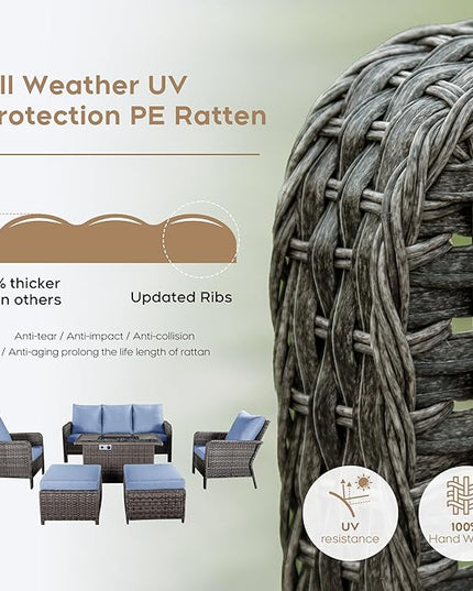 Yechen Patio Conversation Set with 44" Propane Gas Fire Pit Table - 6 Pcs Outdoor Wicker Furniture Set with Lid & Wind Shields - Luxury 7 Seats Sectional Sofa Set for Porch,Backyard - LeafyLoom