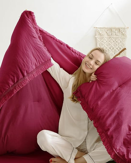 Andency Burgundy Red Tassel Comforter Set Full(79x90Inch), 3 Pieces(1 boho Comforter, 2 Pillowcases) Farmhouse Shabby Chic Comforter Set, Soft Microfiber Lightweight Fringe Bedding Comforter Set - LeafyLoom