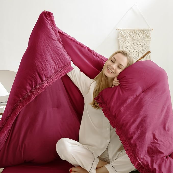 Andency Burgundy Red Tassel Comforter Set Full(79x90Inch), 3 Pieces(1 boho Comforter, 2 Pillowcases) Farmhouse Shabby Chic Comforter Set, Soft Microfiber Lightweight Fringe Bedding Comforter Set - LeafyLoom