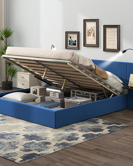 Queen Size Storage Upholstered Hydraulic Platform Shelves, Modern Velvet Fabric Bed Frame W/ 2 Lights and USB Port,No Box Spring Required,for Bedroom, Apartment,Blue - LeafyLoom