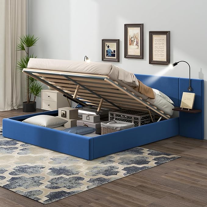 Queen Size Storage Upholstered Hydraulic Platform Shelves, Modern Velvet Fabric Bed Frame W/ 2 Lights and USB Port,No Box Spring Required,for Bedroom, Apartment,Blue - LeafyLoom