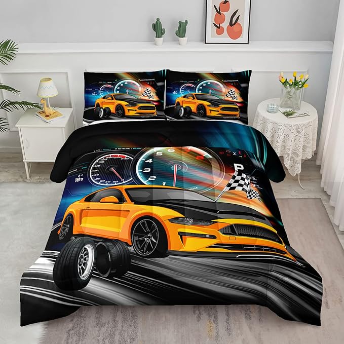 Axolotl Race Car Bedding Set Full Size,Boys Extreme Sports Comforter Set for Kids Boys Car Racing Gifts,Yellow Cool Car Comforter Car Sports Quilt Set 1 Comforter with 2 Pillowcase Car Racing Gifts - LeafyLoom