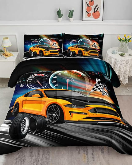 Axolotl Race Car Bedding Set Queen Size,Boys Extreme Sports Comforter Set for Kids Boys Car Racing Gifts,Yellow Cool Car Comforter Car Sports Quilt Set 1 Comforter with 2 Pillowcase Car Racing Gifts - LeafyLoom