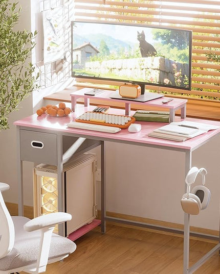 Pamray 39 Inch Computer Desk with Monitor Stand Small Home Office Desks with Non-Woven Storage Drawer for Bedroom Study Table Writing and Work Desk Pink,Gray Leg - LeafyLoom