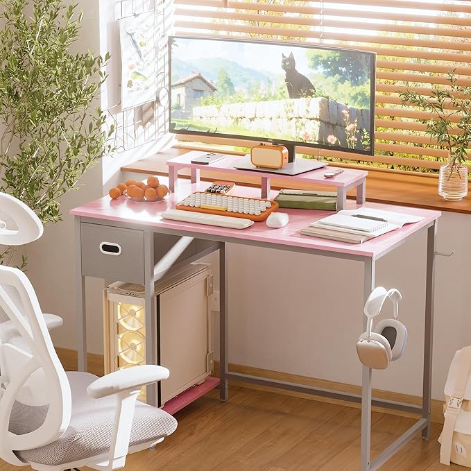 Pamray 39 Inch Computer Desk with Monitor Stand Small Home Office Desks with Non-Woven Storage Drawer for Bedroom Study Table Writing and Work Desk Pink,Gray Leg - LeafyLoom