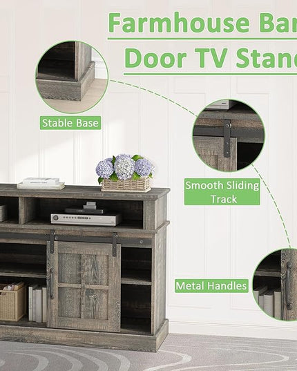 TV Stand with 2 Sliding Barn Doors, 58 Inch TV Stand with Storage Cabinet and Shelves, Television Stands with Storage for Living Room, Bedroom, Antique Brown - LeafyLoom