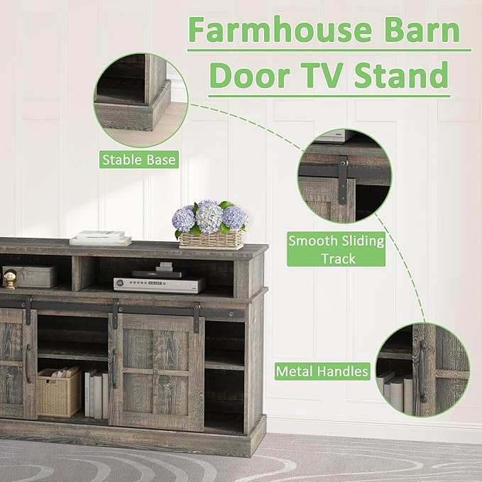 TV Stand with 2 Sliding Barn Doors, 58 Inch TV Stand with Storage Cabinet and Shelves, Television Stands with Storage for Living Room, Bedroom, Antique Brown - LeafyLoom