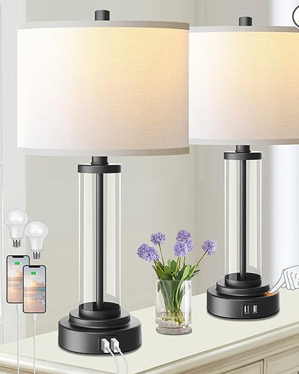 QiMH Touch Control Table Lamps Set of 2 with USB Ports, 3-Way Dimmable Bedside Lamp for Living Room Bedroom House, Modern Nightstand Lamp with 2 LED Bulbs(Black) - LeafyLoom