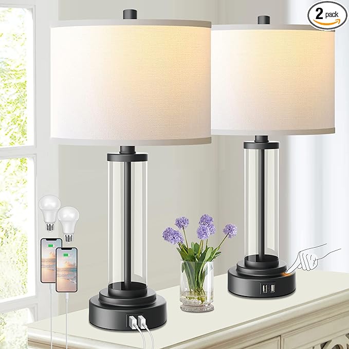 QiMH Touch Control Table Lamps Set of 2 with USB Ports, 3-Way Dimmable Bedside Lamp for Living Room Bedroom House, Modern Nightstand Lamp with 2 LED Bulbs(Black) - LeafyLoom