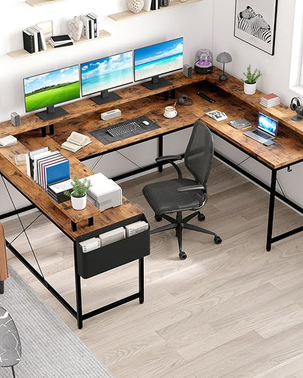 U Shaped Computer Gaming Desk, Reversible L Shaped Desk with Power Outlets, LED Strip & Monitor Stand, Large Corner Desk with Storage Shelves for Home Office, Rustic Brown - LeafyLoom