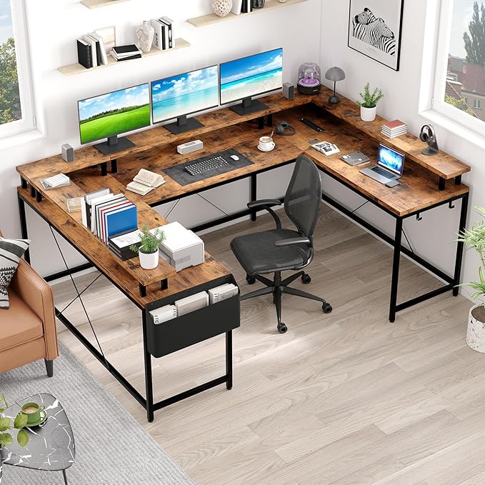 U Shaped Computer Gaming Desk, Reversible L Shaped Desk with Power Outlets, LED Strip & Monitor Stand, Large Corner Desk with Storage Shelves for Home Office, Rustic Brown - LeafyLoom