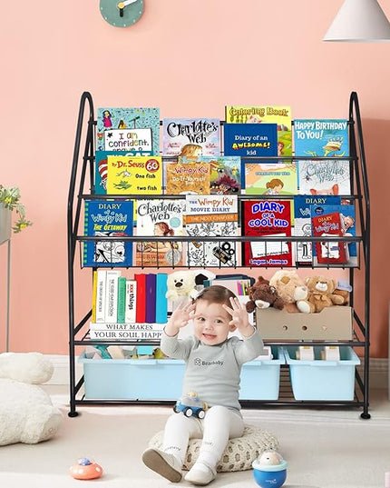 aboxoo Metal Kids Bookshelf Black Large Freestanding for Children Room 32 in Toy Organizer Large Stable Bookcase Bookstore Library Book Unit Storage Kids Bed Living Room - LeafyLoom