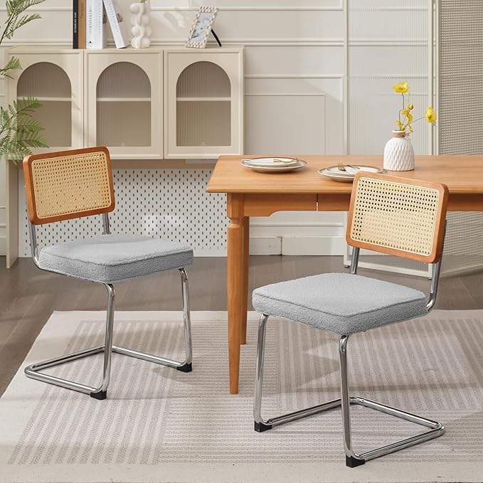 Rattan Dining Chairs Set of 2, Mid Century Modern Sherpa Dining Room Kitchen Chairs with Cane Back, Metal Chrome Legs, Upholstered Wicker Armless Accent Chairs, Grey - LeafyLoom