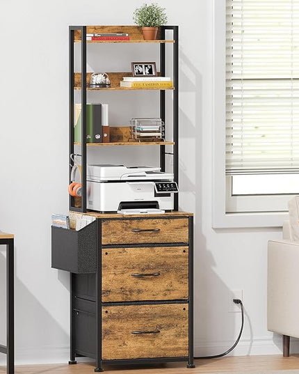 3 Drawer File Cabinet with Charging Station, Fabric Drawer, 4-Tier Tall Filing Cabinet with Adjustable Bookshelf, 69''H File Cabinet for Home Office Fits A4/Letter/Legal, Rustic Brown - LeafyLoom