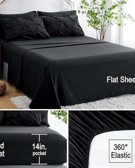 Ubauba 7pc Full Size Comforter Set with Sheets, Pinched Pleat 7 Piece Bed in a Bag Black Bed Set with Comforter, All Season Pintuck Bedding Sets (Black,Full) - LeafyLoom