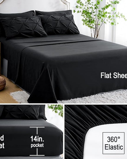 Ubauba 7pc Black Queen Comforter Set with Sheets, 7 Piece Pintuck Bed in a Bag, Queen Size Bed Set for All Seasons, Pinched Pleat Bedding Sets (Black,Queen) - LeafyLoom