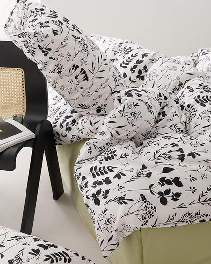 Black Botanical Comforter Set Full White Black Floral Plant Bedding Comforter Set Girls Garden Pattern Printed on White Blanket Rustic Leaf Blossom Women White Farmhouse Comforter Full - LeafyLoom