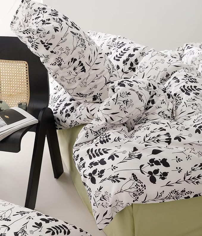 Botanical Comforter Set Cal King White Black Floral Plant Bedding Comforter Girls Garden Pattern Printed White Blanket Rustic Leaf Blossom Women White Farmhouse Comforter California King - LeafyLoom