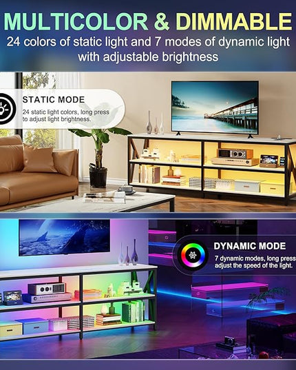Lvifur LED TV Stand for 65 70 75 inch TV, Auto Sensor Entertainment Center with RGB Dimmable Lights, TV Console Table with Open Storage Shelves and Metal Frame (White) - LeafyLoom