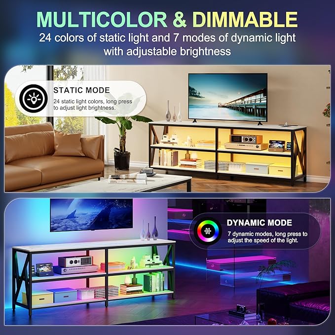 Lvifur LED TV Stand for 65 70 75 inch TV, Auto Sensor Entertainment Center with RGB Dimmable Lights, TV Console Table with Open Storage Shelves and Metal Frame (White) - LeafyLoom