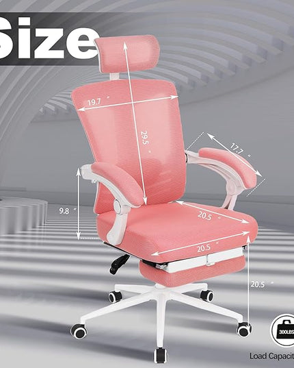 Vonesse Ergonomic Office Chair High Back Computer Mesh Office Chair with Footrest Big and Tall Office Chair Adjustable Home Office Chair Comfy Executive Desk Chair Pink - LeafyLoom