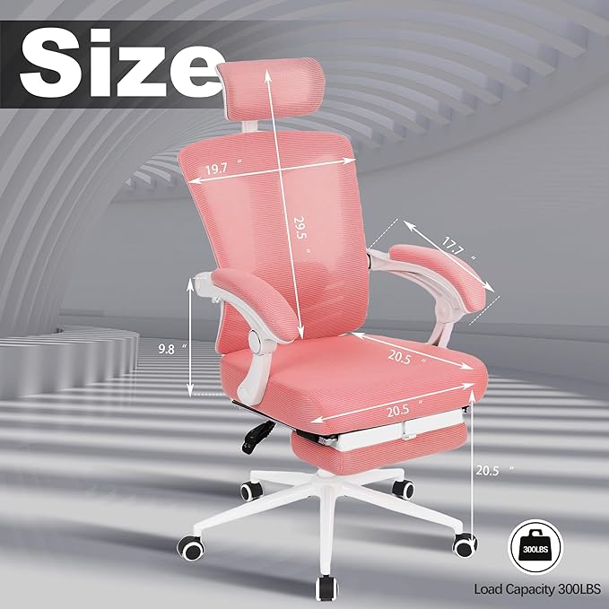Vonesse Ergonomic Office Chair High Back Computer Mesh Office Chair with Footrest Big and Tall Office Chair Adjustable Home Office Chair Comfy Executive Desk Chair Pink - LeafyLoom