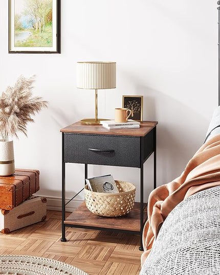 WLIVE Night Stand, Side Table with Fabric Storage Drawer, Small Nightstand, Bedside Table End Table for Bedroom, Dorm, Open Wood Shelf, Steel Frame, Black and Rustic Brown - LeafyLoom