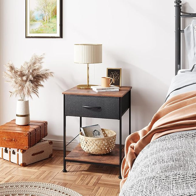 WLIVE Night Stand Set 2, Nightstands End Tables with Fabric Storage Drawer and Open Wood Shelf, Side Tables for Bedroom, Small Bedside Furniture, Dorm, Easy Assembly, Black and Rustic Brown - LeafyLoom
