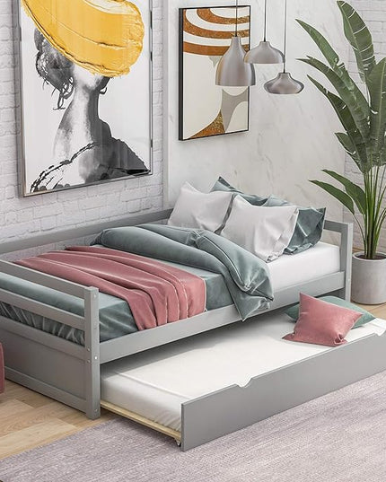 Twin Size Daybed with Hideaway Trundle,Multifunction Solid Wood Bed Frame,W/Wooden Slat Support and Guardrails,No Box Spring Needed,for Bedroom Children Room,Gray - LeafyLoom