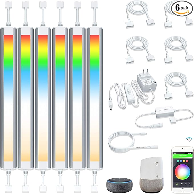 Smart Under Cabinet Lighting Strip Lights White & Color Changing Dimmable Work with Alexa Google Smart Thing Phone App, RGB Multi Colored Lamp for Kitchen Counter Light Fixture (6 Lights Bar Kit) LAMPAOUS