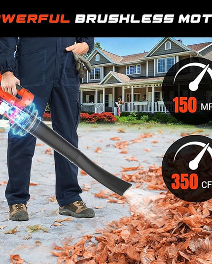 MJF Cordless Leaf Blower, 150MPH, 350CFM, 20V Brushless Motor, 2x2000mAh Batteries and Fast Charger, Lightweight, Electric Blower for Lawn Care, Yard Cleaning - LeafyLoom