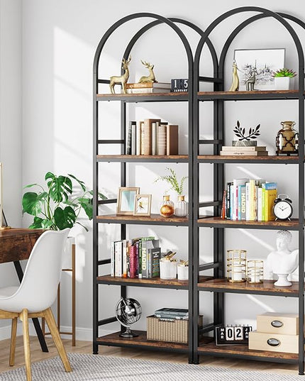 Tribesigns 5-Tier Open Bookshelf, 74.4" Wood Bookcase Storage Shelves with Metal Frame, Freestanding Display Rack Tall Shelving Unit for Office, Bedroom, Living Room, Easy Assembly(Brown, 2PCS) - LeafyLoom