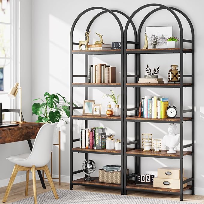 Tribesigns 5-Tier Open Bookshelf, 74.4" Wood Bookcase Storage Shelves with Metal Frame, Freestanding Display Rack Tall Shelving Unit for Office, Bedroom, Living Room, Easy Assembly(Brown, 2PCS) - LeafyLoom