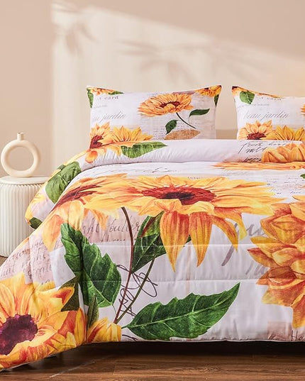 Sunflower Comforter Sets,Seamless Pattern with Hand Drawn Vibrant Yellow Watercolor Sunflowers on The Background,Decorative Bedding Comforter Sets with 2 Pillow Shams, Twin Size - LeafyLoom