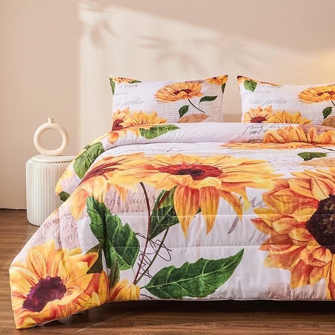 Sunflower Comforter Sets,Seamless Pattern with Hand Drawn Vibrant Yellow Watercolor Sunflowers on The Background,Decorative Bedding Comforter Sets with 2 Pillow Shams, Twin Size - LeafyLoom