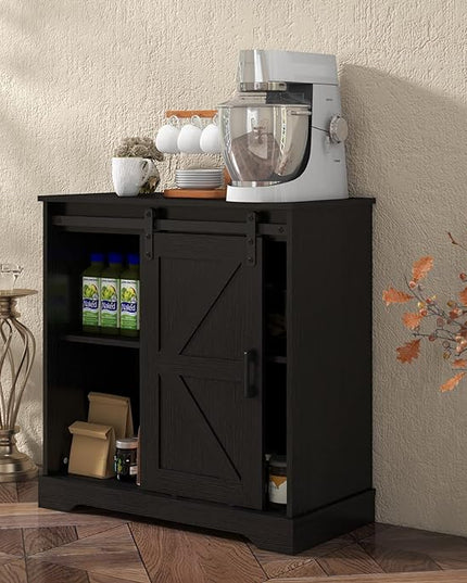 Panana Sliding Barn Door Buffet Sideboard Storage Cabinet Coffee Bar Kitchen Farmhouse Style (Black) - LeafyLoom