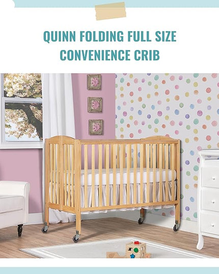 Folding Full Size Convenience Crib In Natural, Two Adjustable Mattress Height Positions, Comes With Heavy Duty Locking Wheels, Flat Folding - LeafyLoom